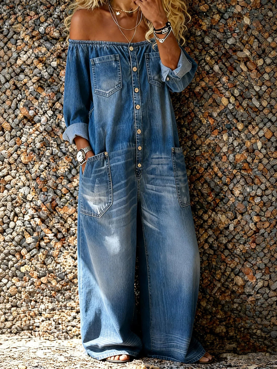 Elowen – Off-Shoulder Denim-Look Jumpsuit