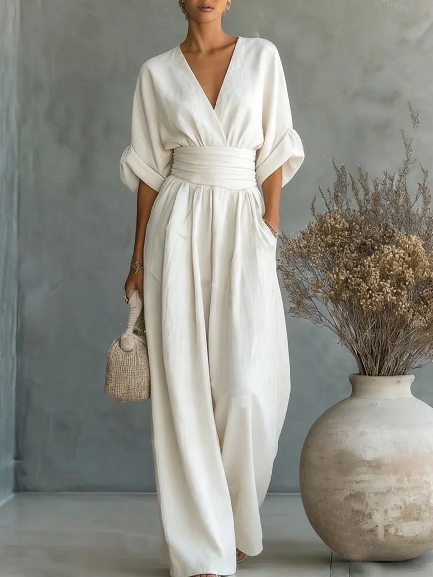 Beverley – Wide-Leg Belted V-Neck Jumpsuit