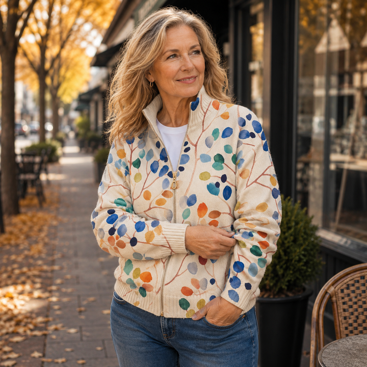 Mhairi – Botanical Leaf Print Zip Jacket