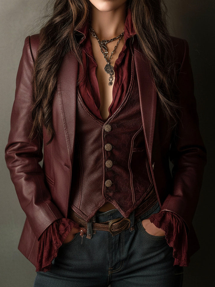 Rowena – Faux-Leather Blazer with Ruffle Detail