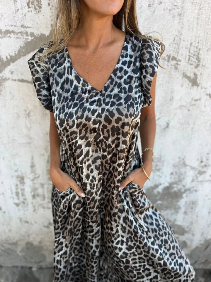 Freya – Leopard Print Midi Dress with Pockets