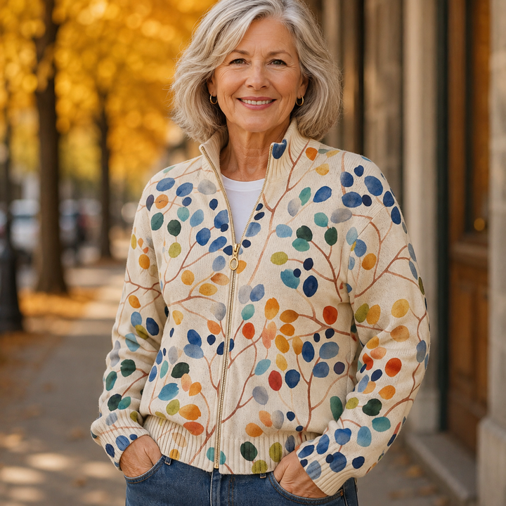 Mhairi – Botanical Leaf Print Zip Jacket