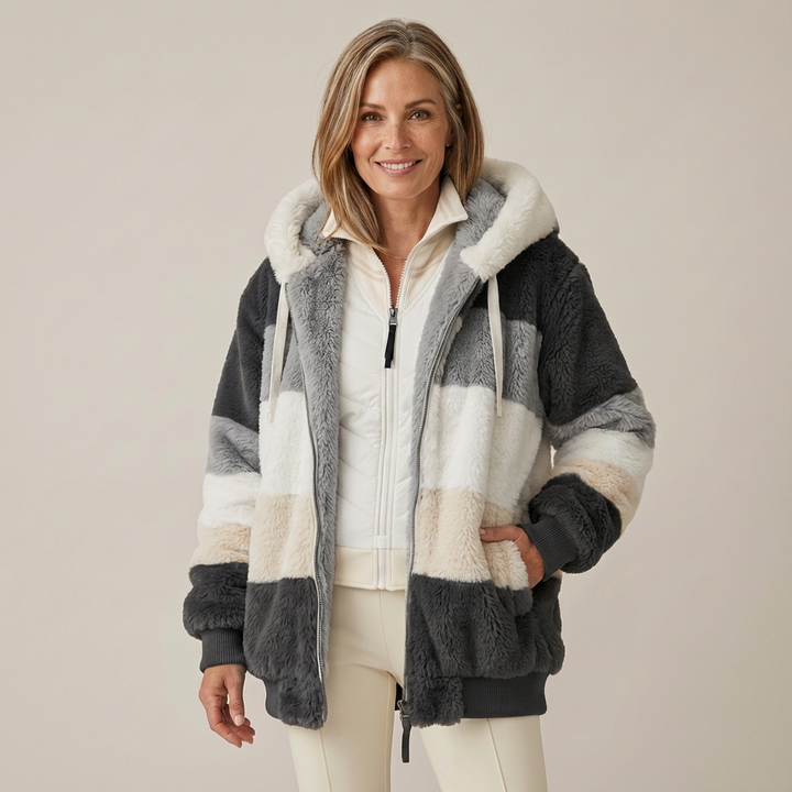 Juliet – Cosy Striped Faux Fur Hooded Jacket