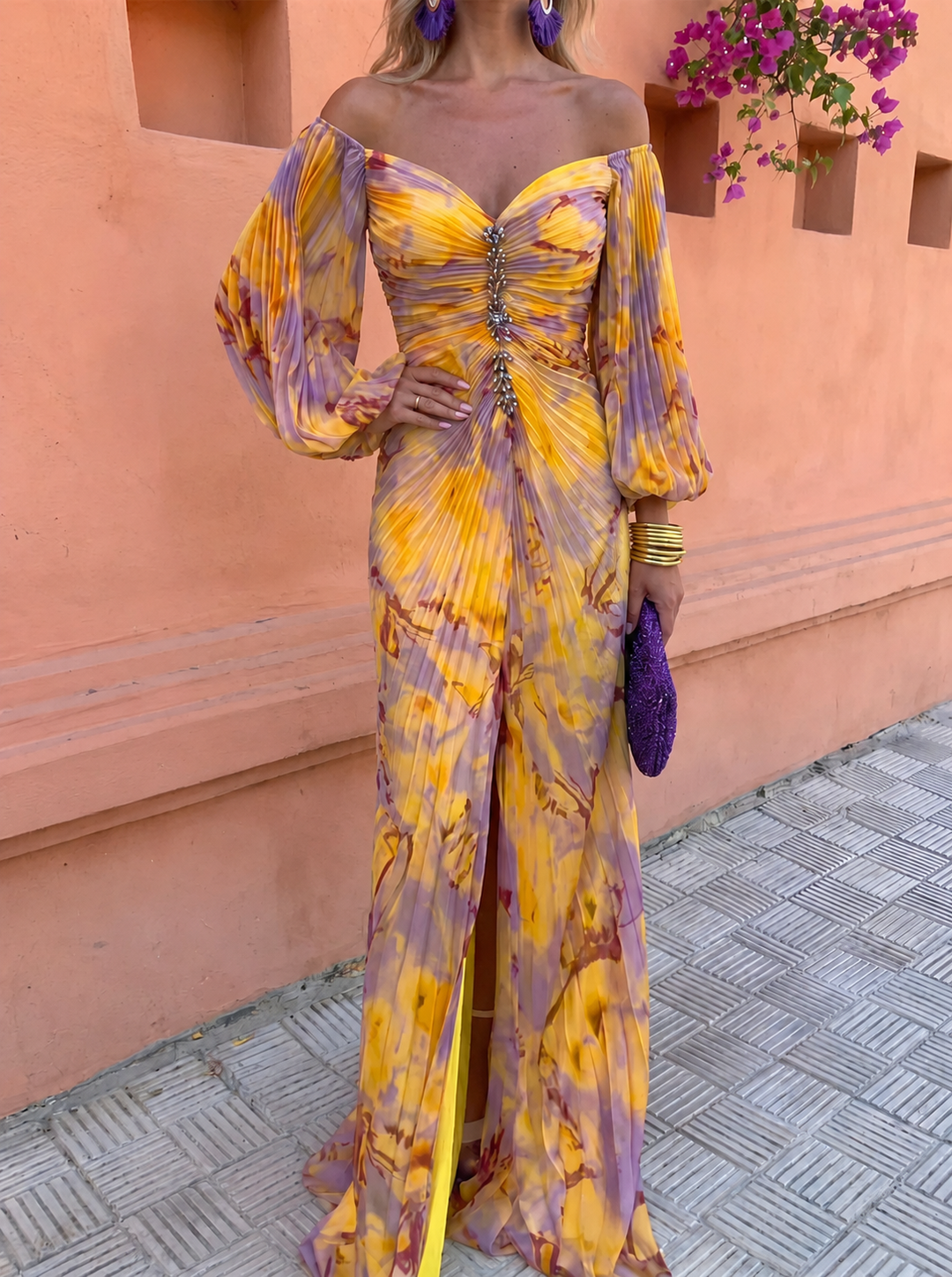 Joan – Pleated Off-Shoulder Gown with Jewel Detail