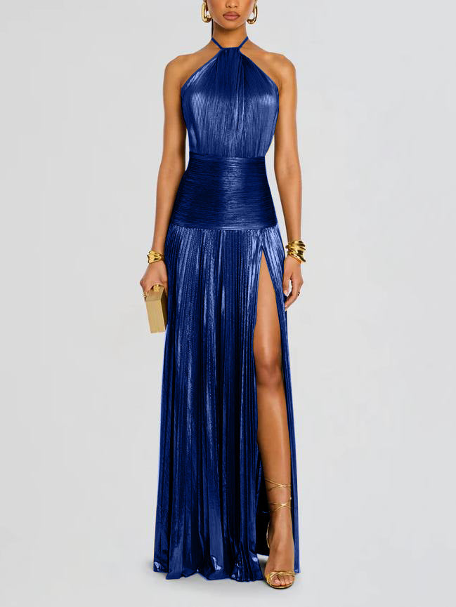Kasey | Metallic Pleated Halter Gown
