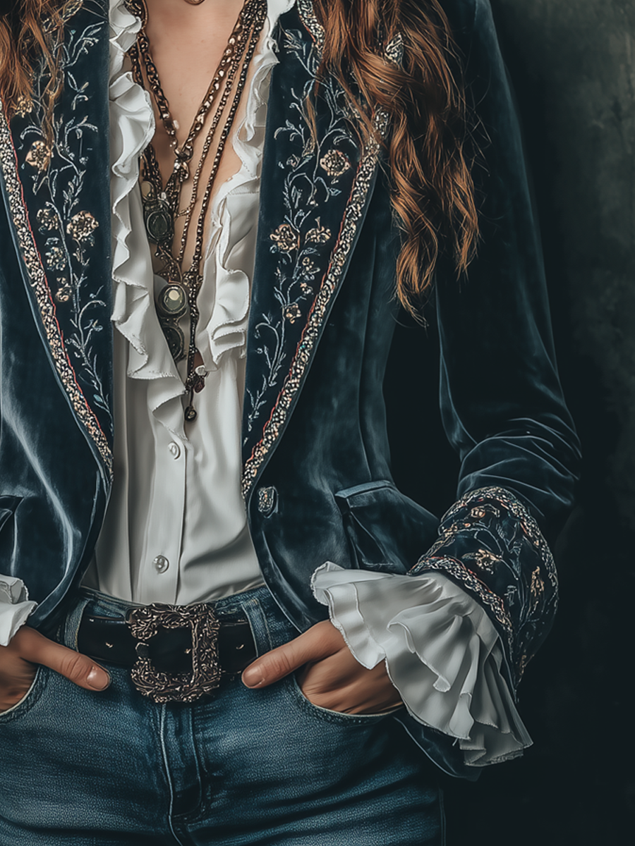 Marianne – Embroidered Velvet Blazer with Ruffle Cuffs