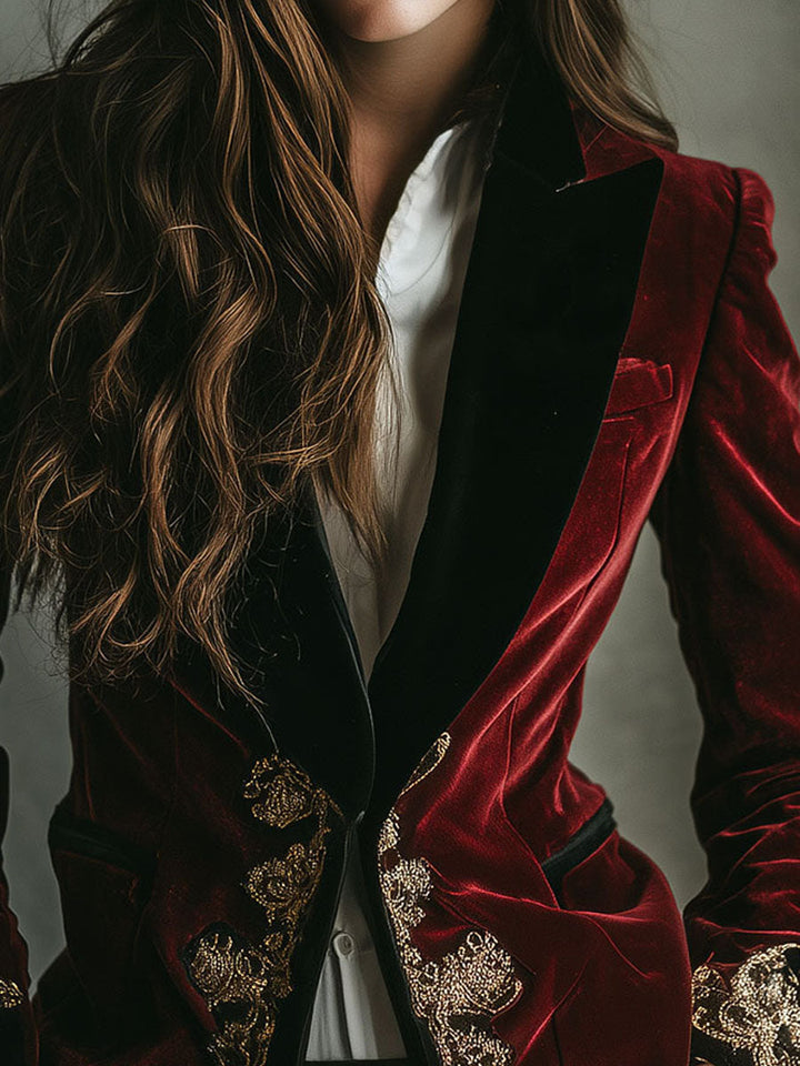 Winifred – Velvet Blazer with Gold Embroidery