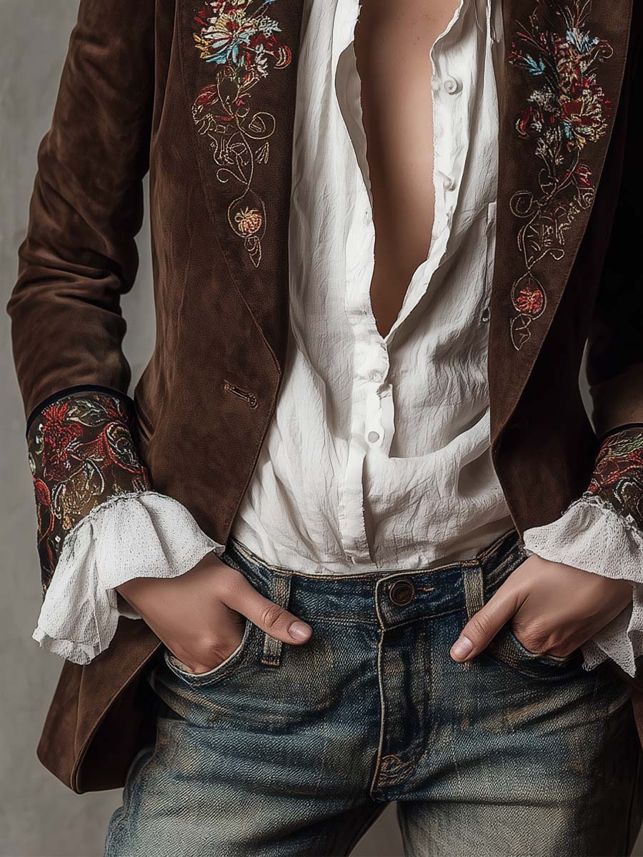 Rhiannon – Embroidered Suede-Look Tailored Blazer