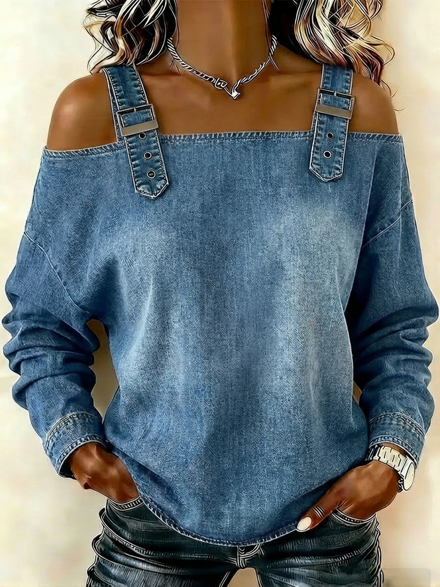 Yvette – Off-Shoulder Denim Strap Detail Top