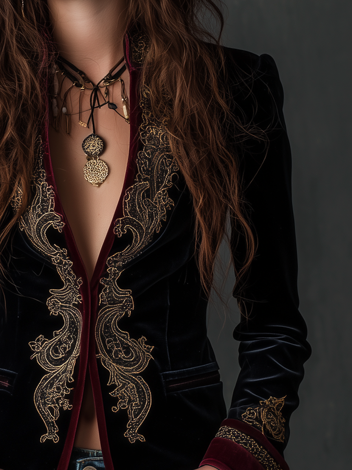 Harriet – Baroque Embroidered Velvet-Look Blazer
