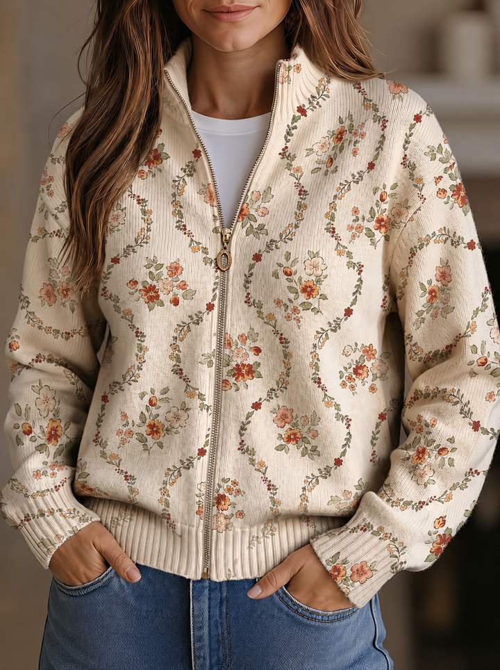 Rita – Floral Vine Zip-Up Knit Jacket