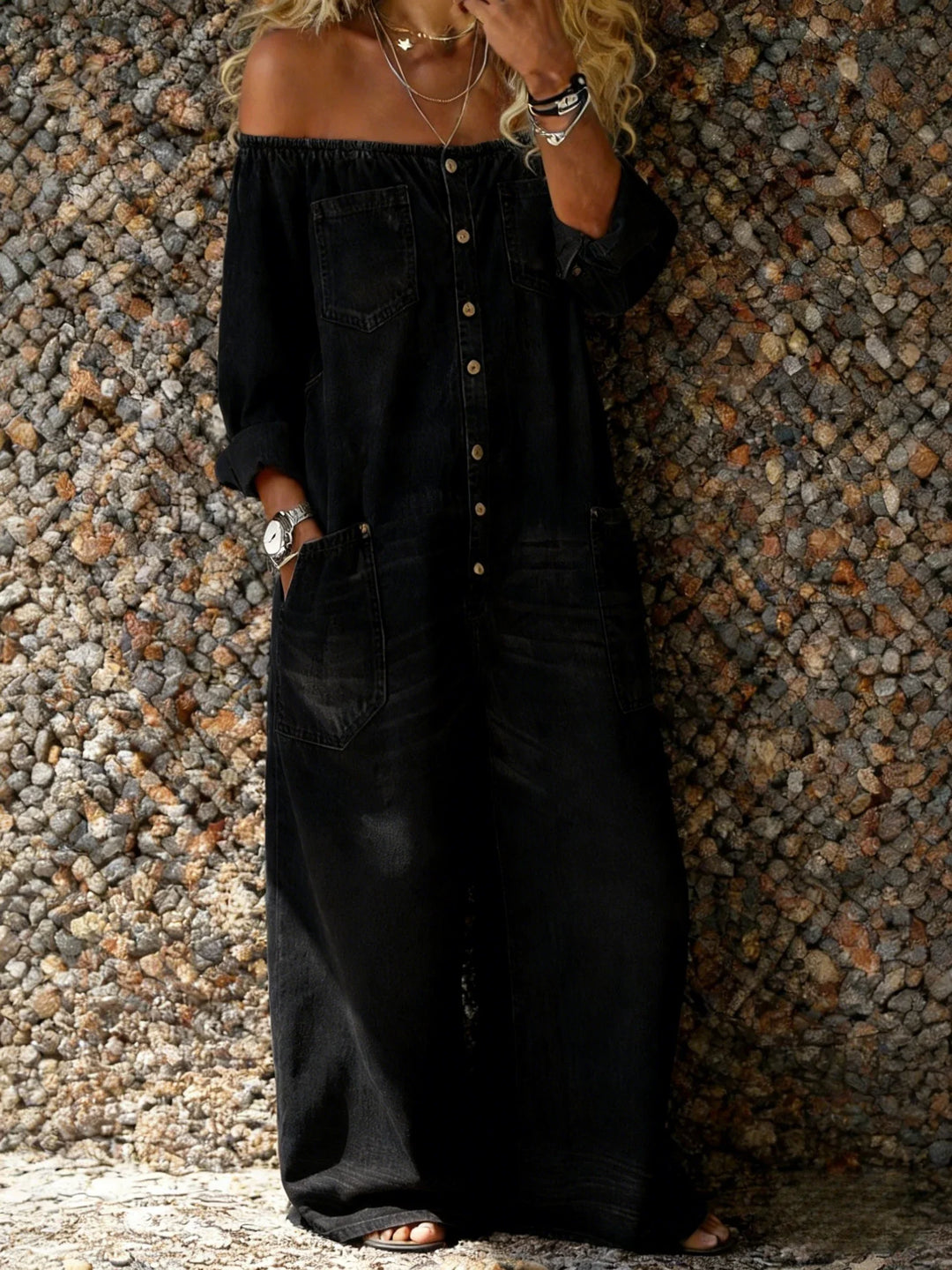 Elowen – Off-Shoulder Denim-Look Jumpsuit