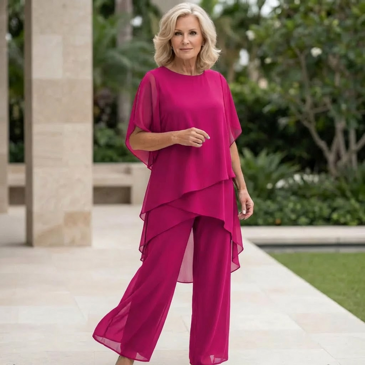 Thomasina – Layered Chiffon Top and Wide-Leg Trouser Set