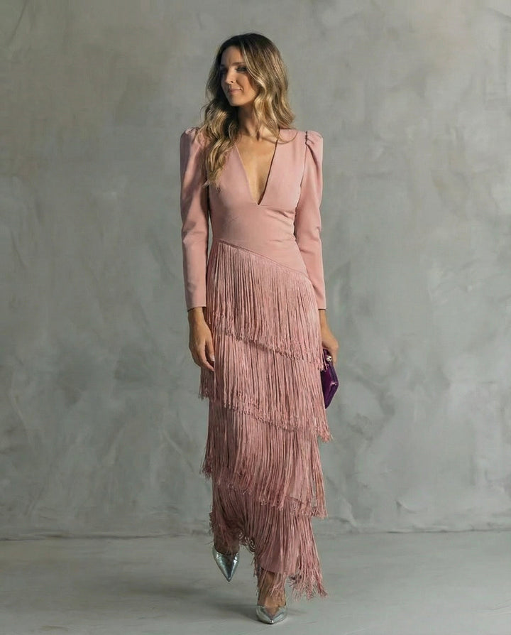 Adley | Elegant Midi Dress with Fringe Sleeves