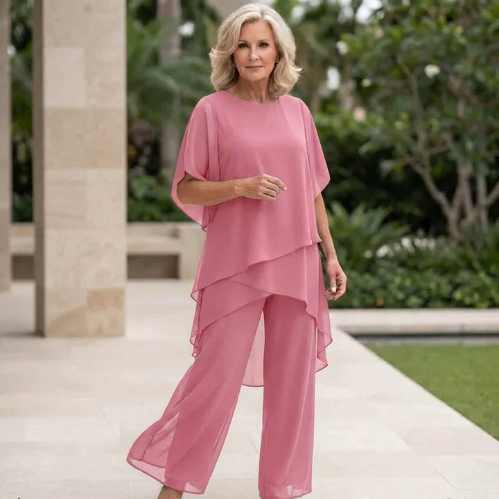 Thomasina – Layered Chiffon Top and Wide-Leg Trouser Set