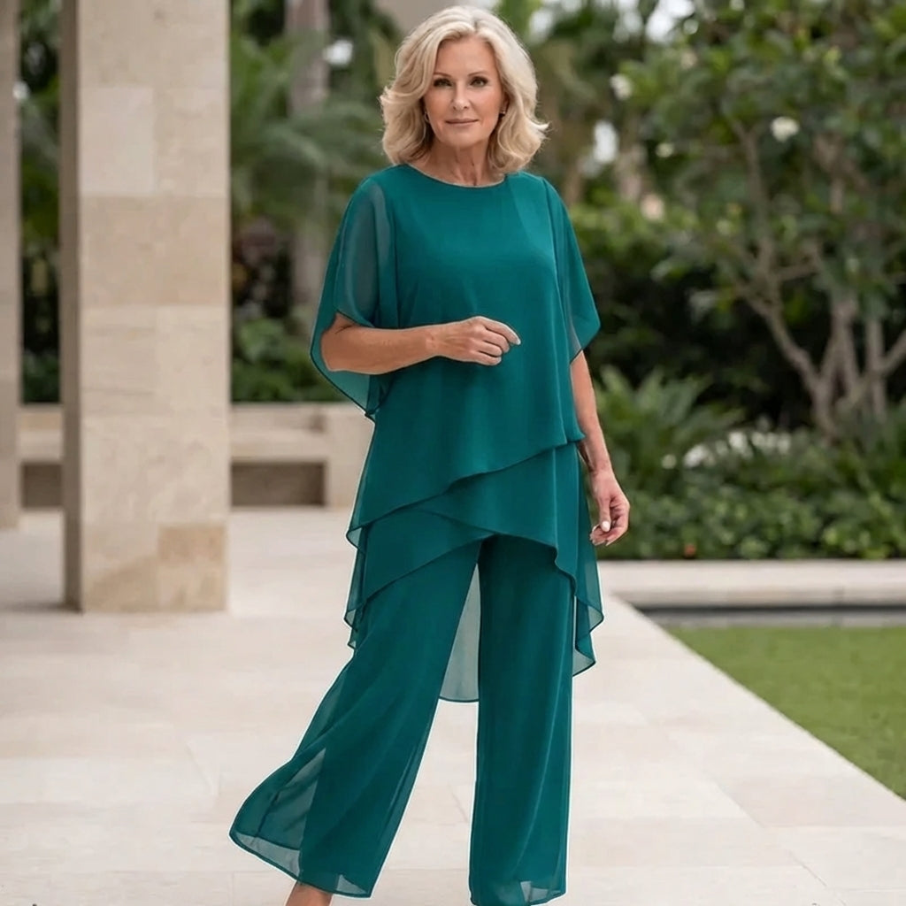 Thomasina – Layered Chiffon Top and Wide-Leg Trouser Set