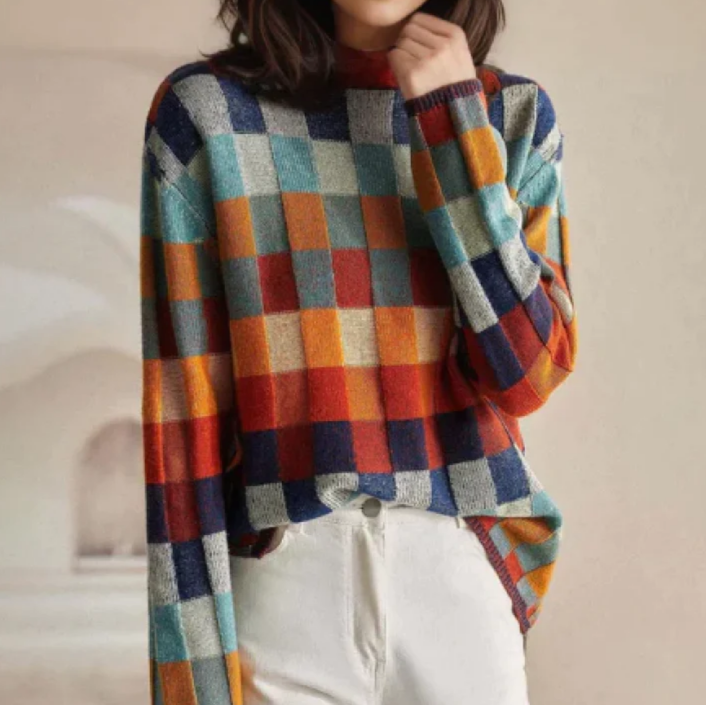 Jill – Retro Checkered Turtleneck Jumper