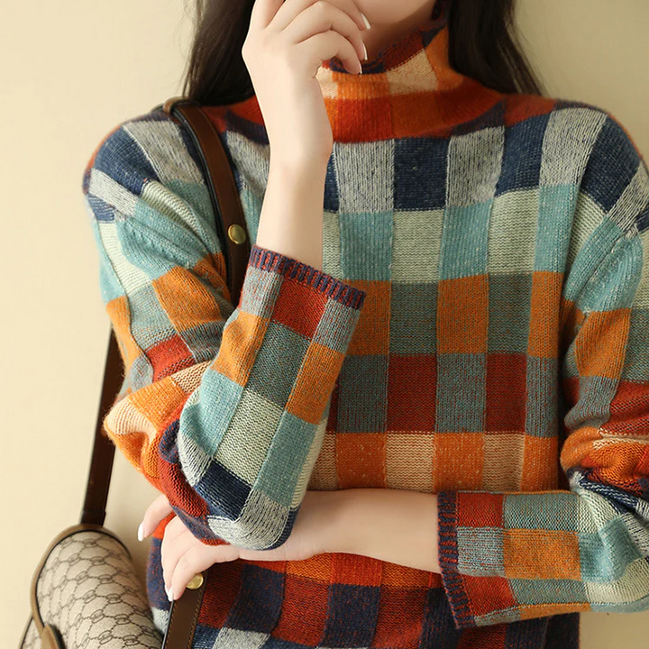 Jill – Retro Checkered Turtleneck Jumper