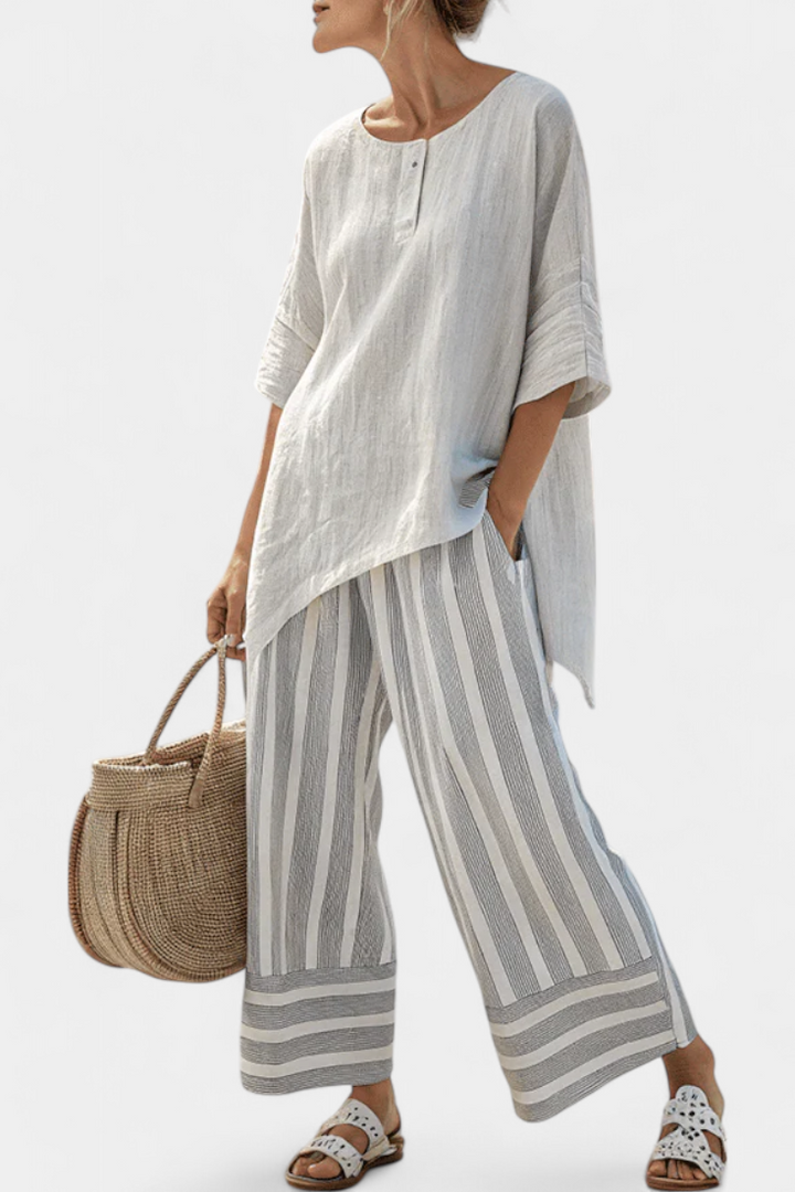 Griselda | Elegant Asymmetrical Blouse & Striped Trousers