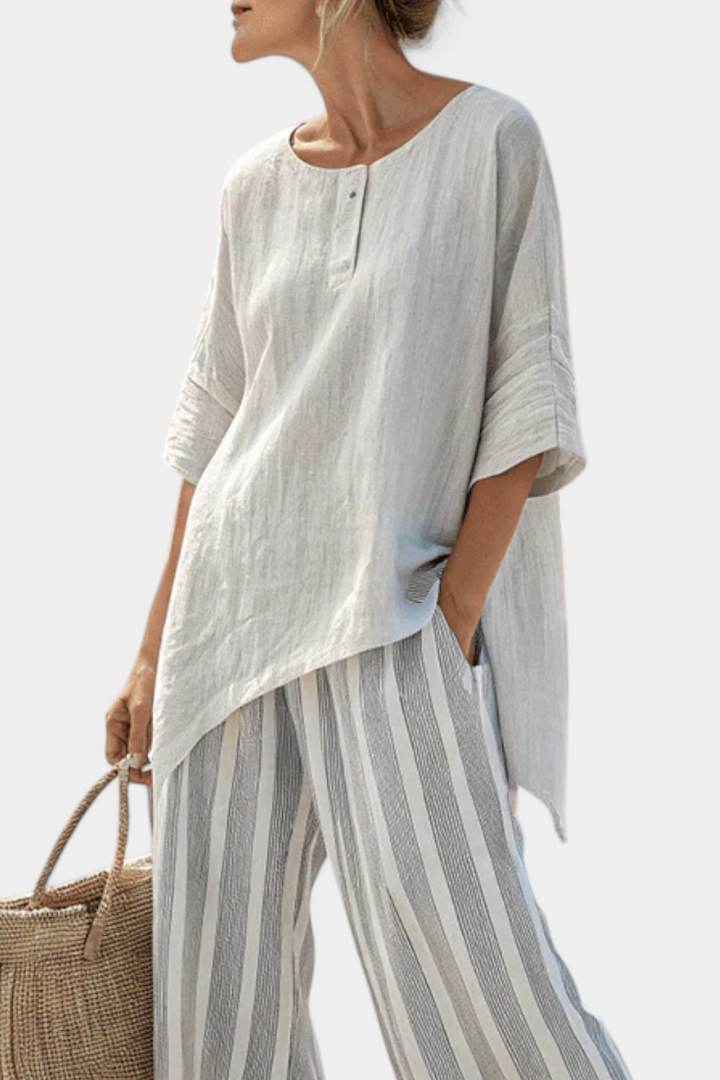 Griselda | Elegant Asymmetrical Blouse & Striped Trousers
