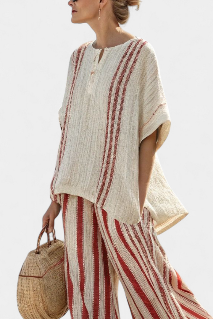 Tahlia | Sophisticated Textured Red-Stripe Top & Linen Trousers