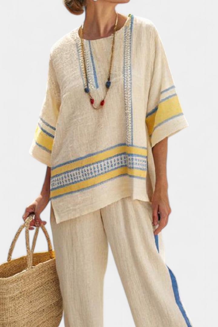 Paisleigh | Comfortable Blue-Yellow Mediterranean Top & Linen Trousers