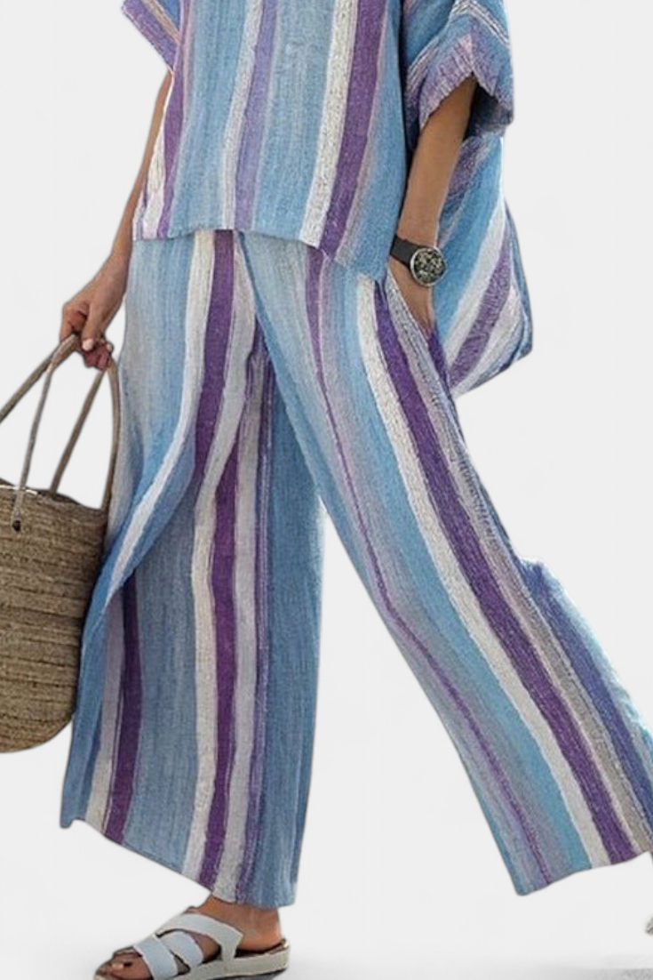 Neely | Elegant Mauve Pastel Top & Striped Linen Trousers