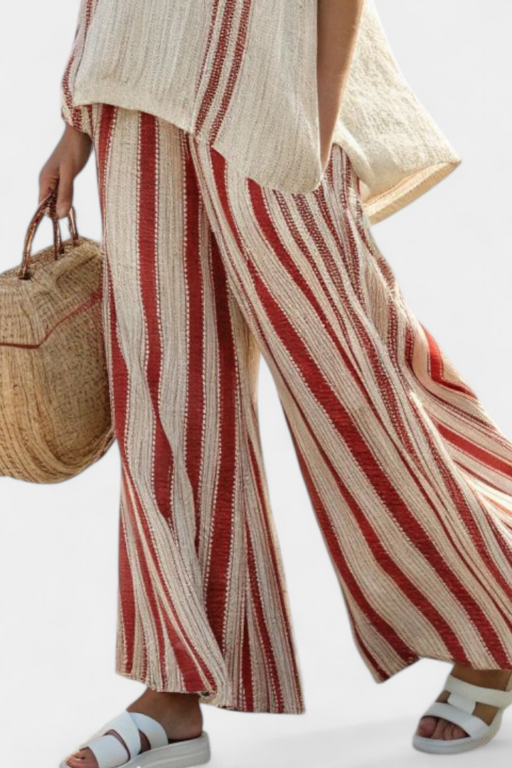 Tahlia | Sophisticated Textured Red-Stripe Top & Linen Trousers