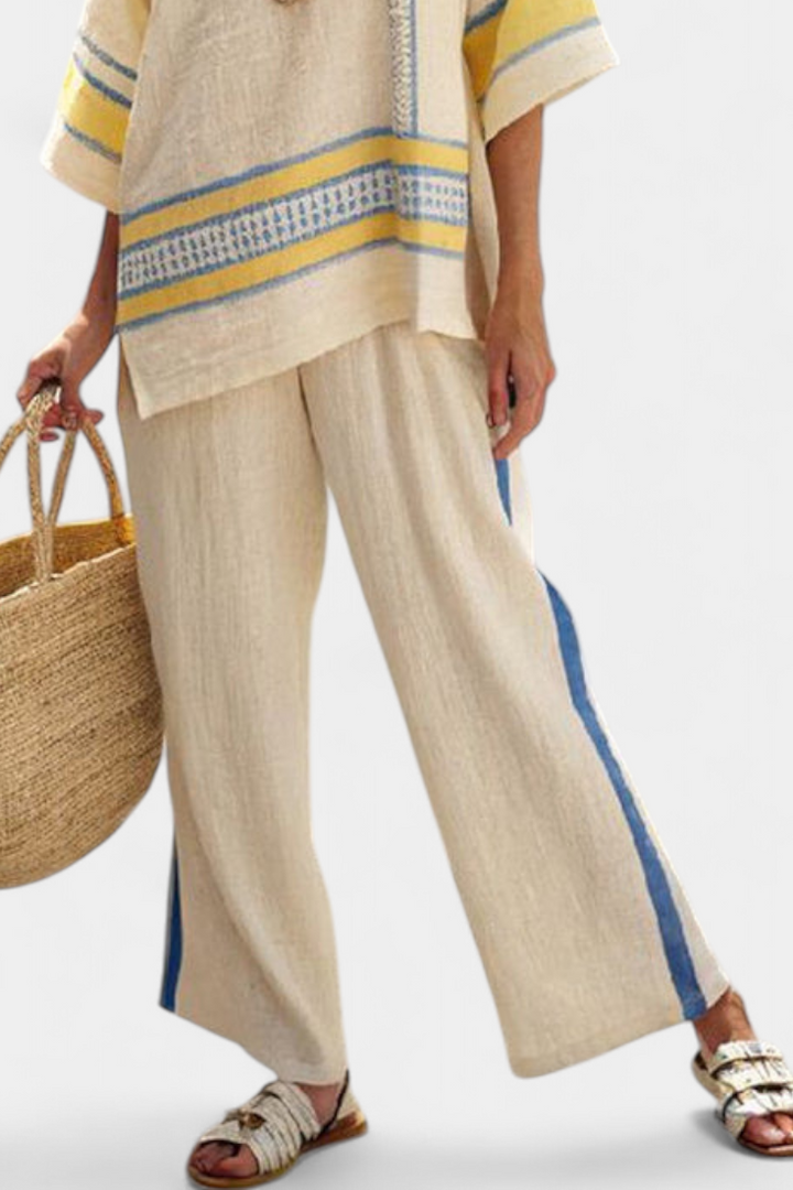 Paisleigh | Comfortable Blue-Yellow Mediterranean Top & Linen Trousers