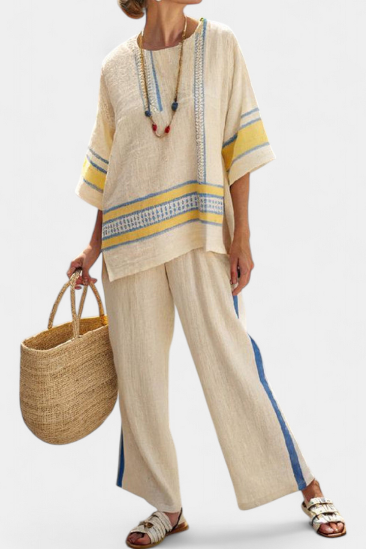 Paisleigh | Comfortable Blue-Yellow Mediterranean Top & Linen Trousers