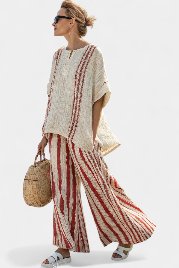 Tahlia | Sophisticated Textured Red-Stripe Top & Linen Trousers