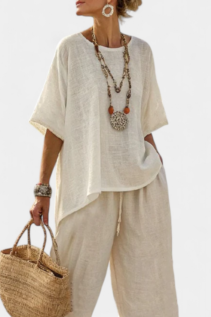 Ryleigh | Comfortable Minimalist Raw Blouse & Wide-Leg Trousers