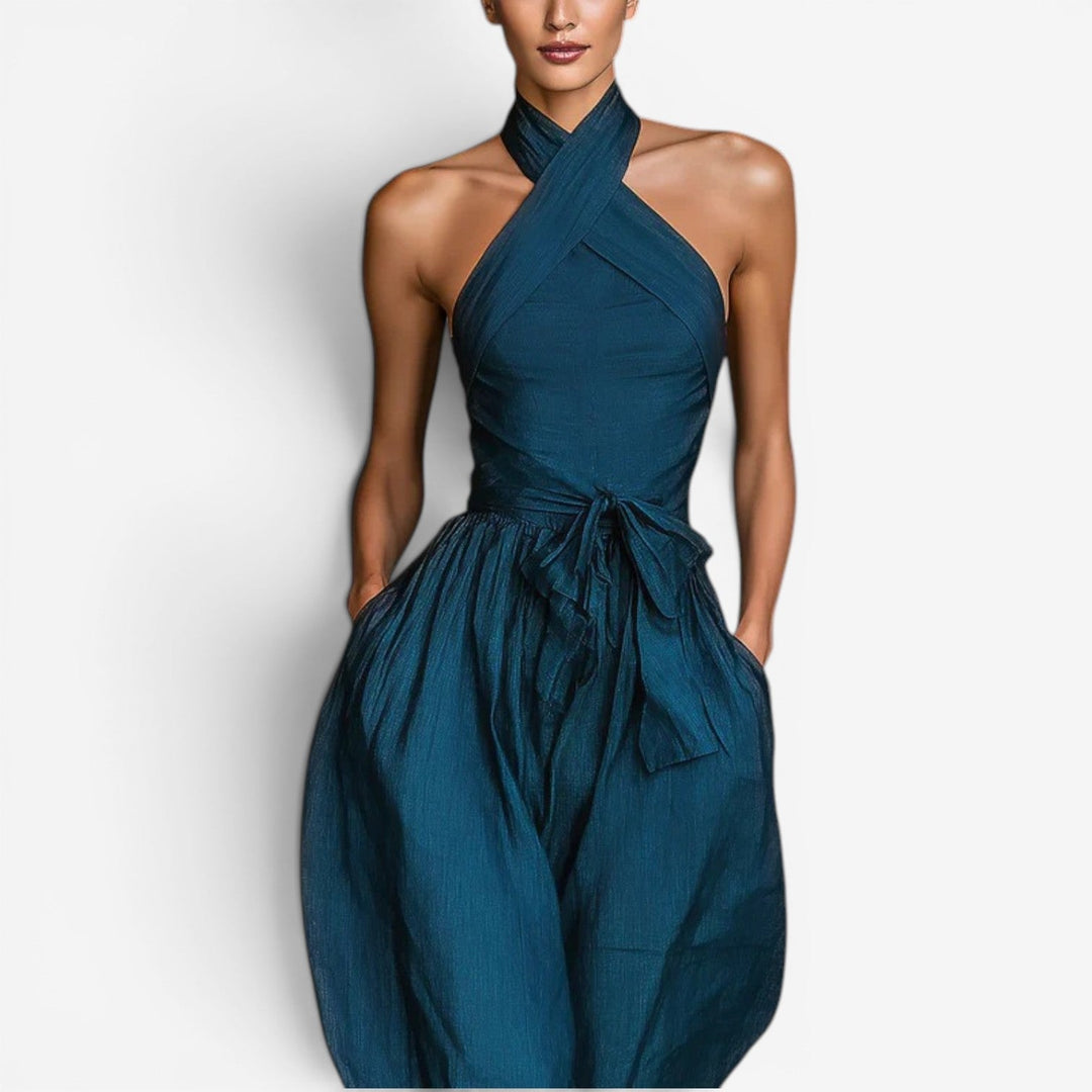 Teresa – Crossover Halter Wide-Leg Jumpsuit