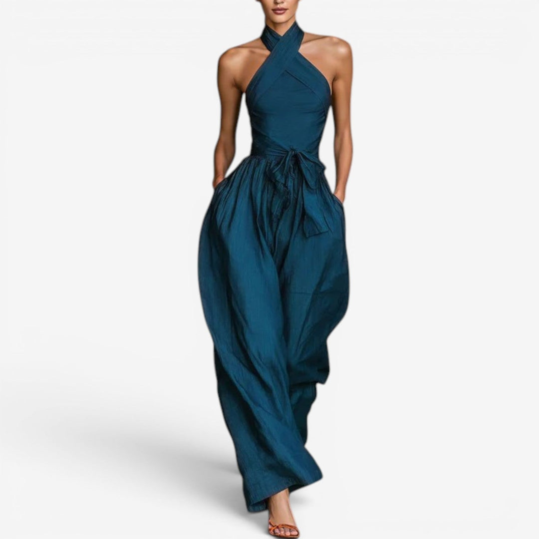 Teresa – Crossover Halter Wide-Leg Jumpsuit