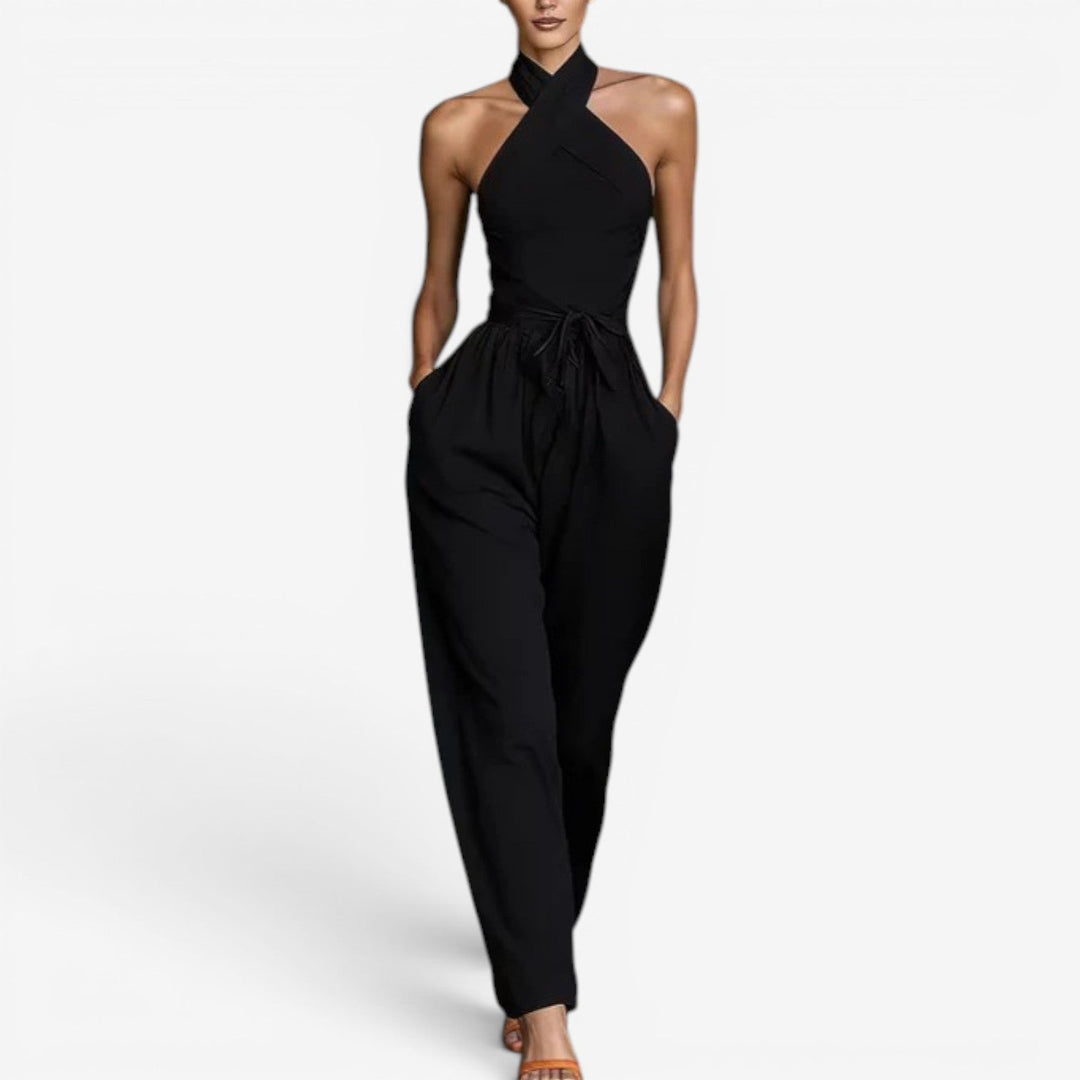 Teresa – Crossover Halter Wide-Leg Jumpsuit