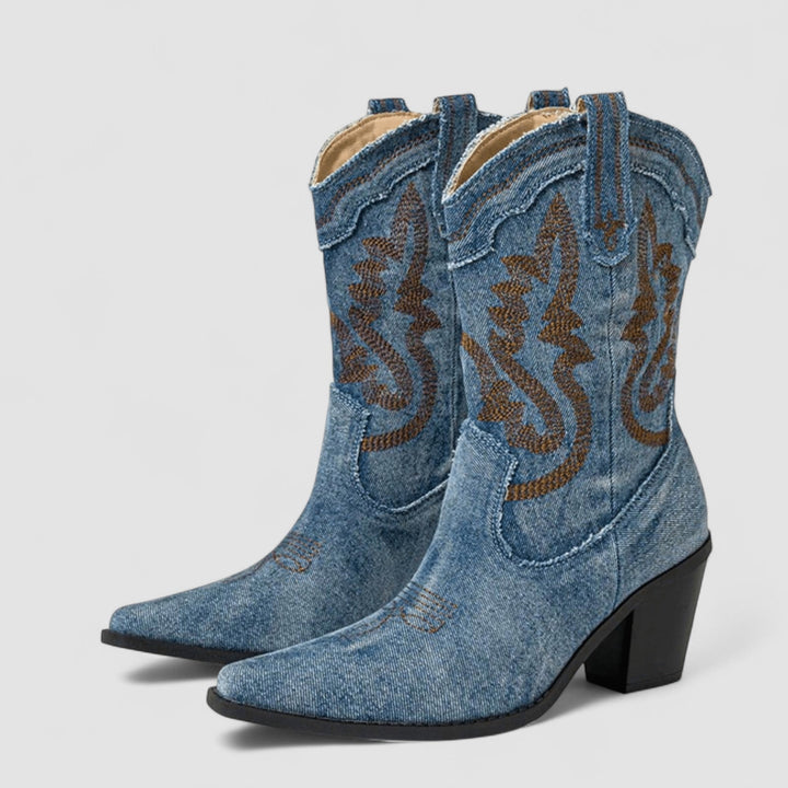 Maureen – Embroidered Denim Western Cowboy Boots