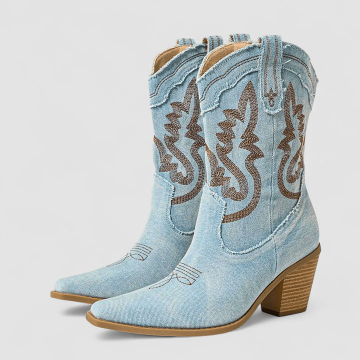 Maureen – Embroidered Denim Western Cowboy Boots