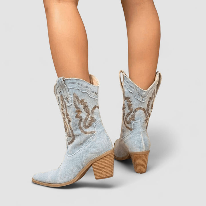 Maureen – Embroidered Denim Western Cowboy Boots
