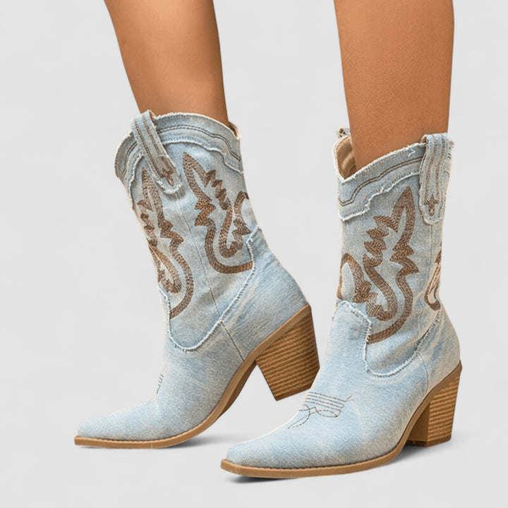 Maureen – Embroidered Denim Western Cowboy Boots