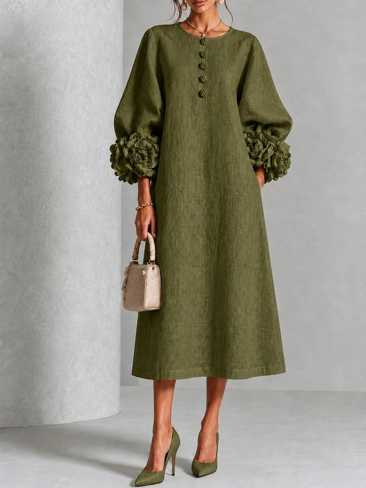 Olive – Linen-Look Midi Dress with Floral Cuffs