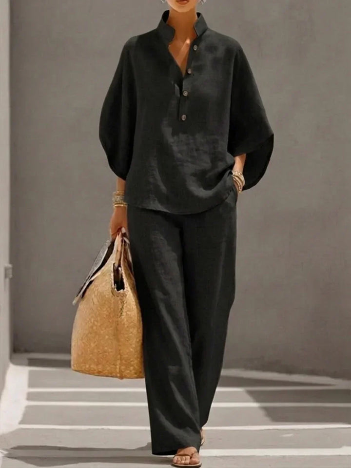 Grainne – Linen-Look Batwing Top and Wide Leg Set