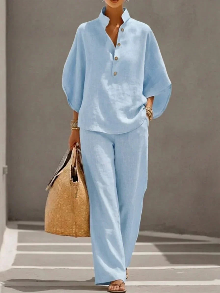 Grainne – Linen-Look Batwing Top and Wide Leg Set