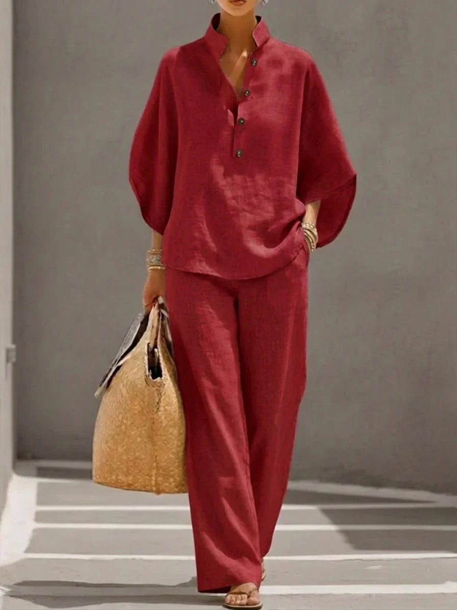 Grainne – Linen-Look Batwing Top and Wide Leg Set