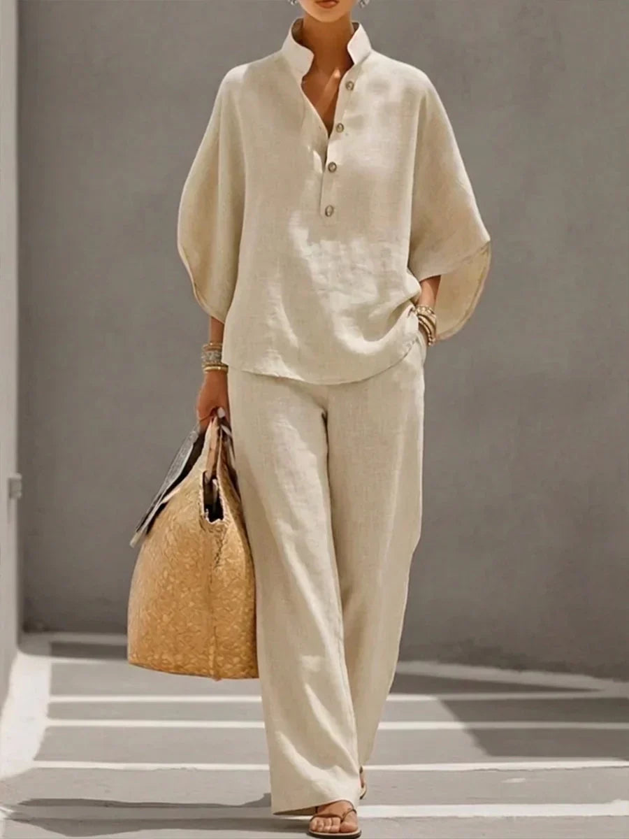 Grainne – Linen-Look Batwing Top and Wide Leg Set