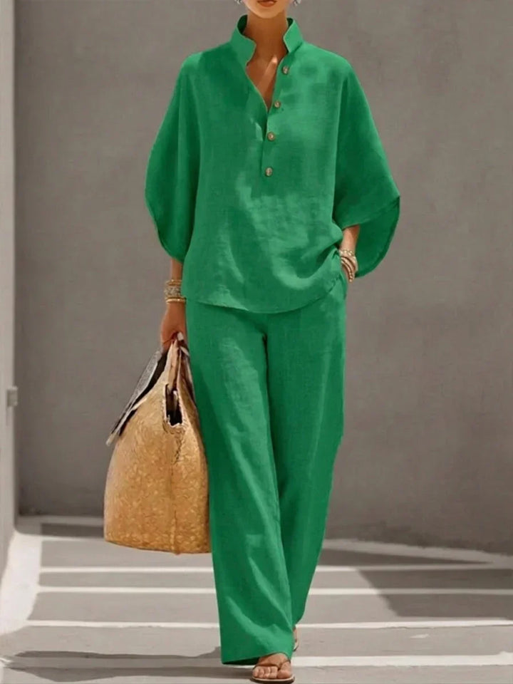 Grainne – Linen-Look Batwing Top and Wide Leg Set