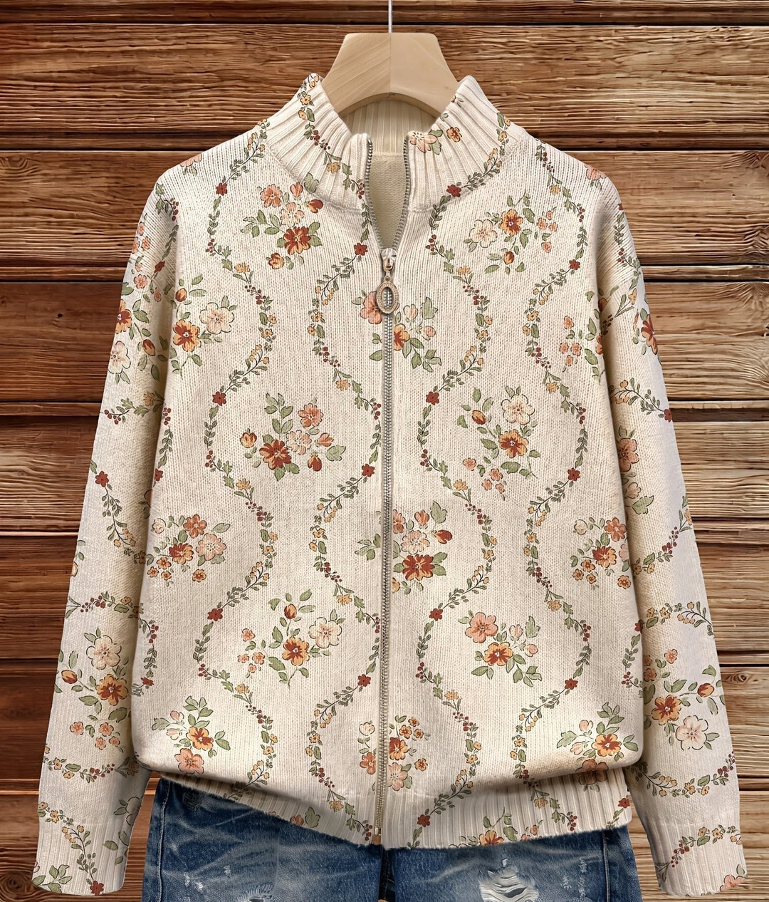 Rita – Floral Vine Zip-Up Knit Jacket
