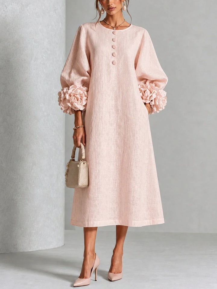 Olive – Linen-Look Midi Dress with Floral Cuffs