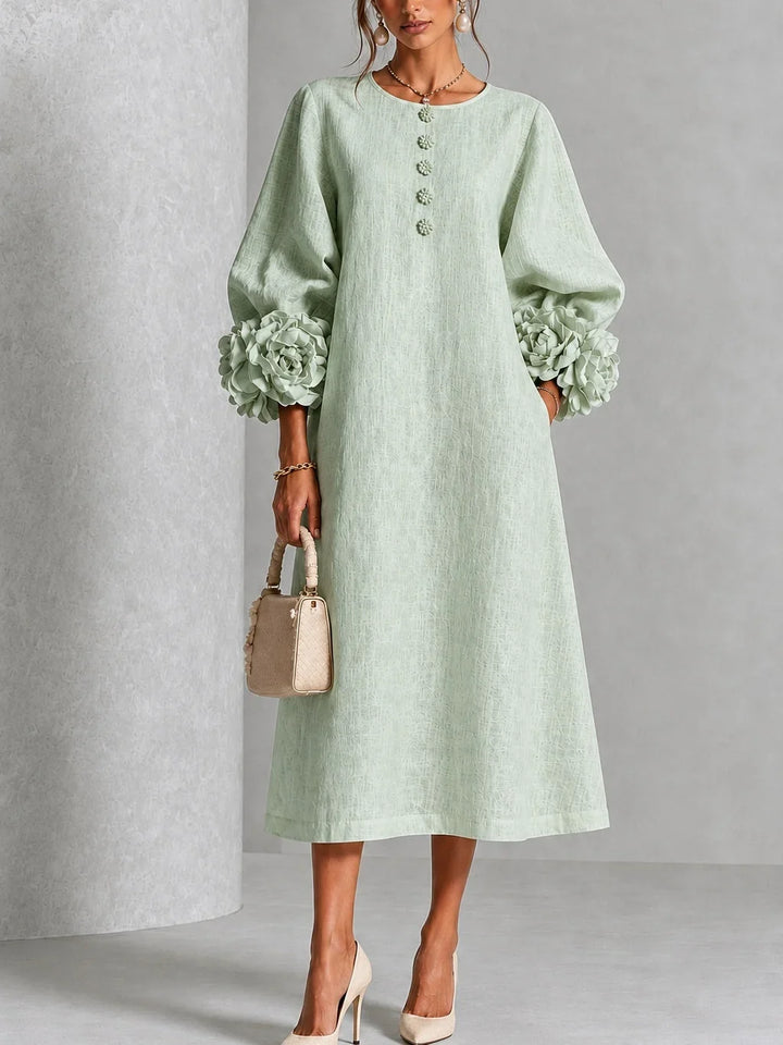Olive – Linen-Look Midi Dress with Floral Cuffs