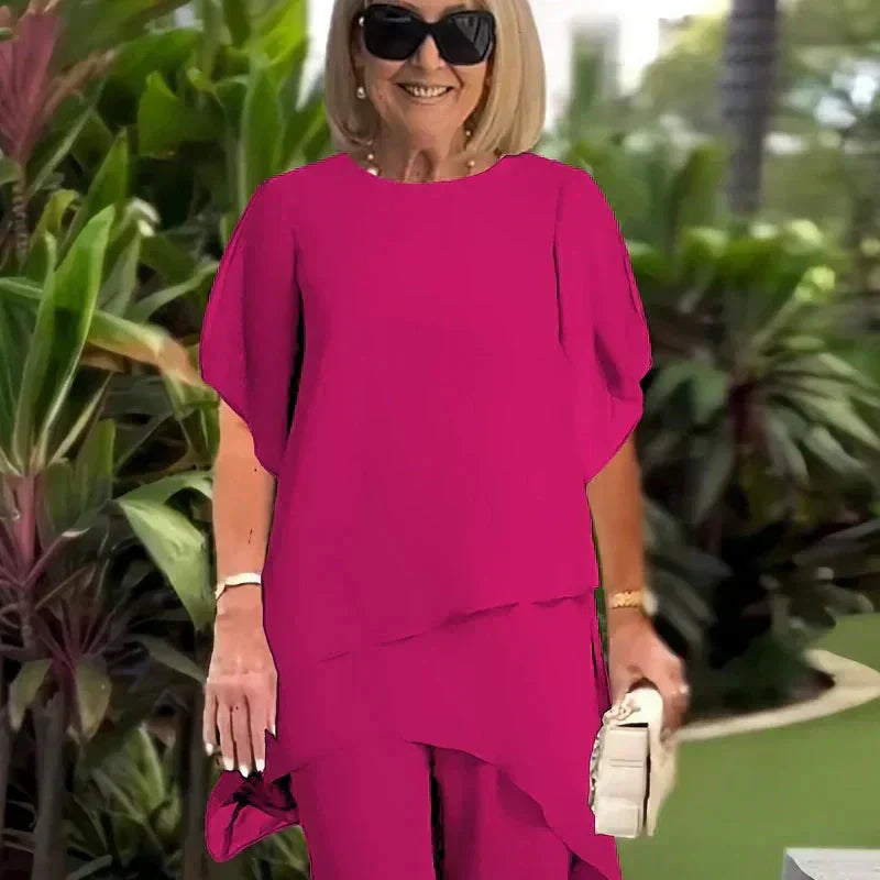 Thomasina – Layered Chiffon Top and Wide-Leg Trouser Set