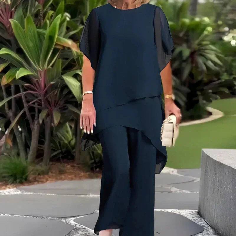Thomasina – Layered Chiffon Top and Wide-Leg Trouser Set